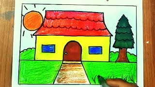scenery house drawing for kids||Drawing for kids|House drawing for kids|How to draw a scenery house