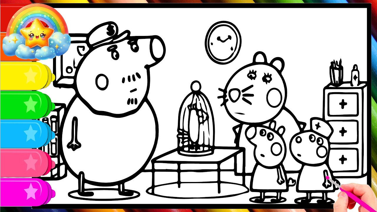 Peppa Pig Visit Doctor Hamster with her family Drawing Easy, Peppa Pig Drawing, Peppa Pig Coloring