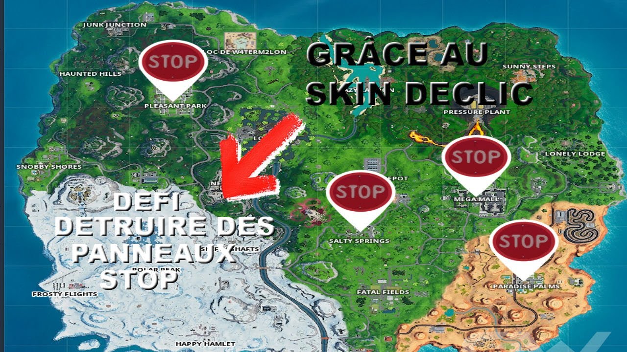 Défi Fortnite :"DETRUIRE DES PANNEAUX STOP E N PORTANT LA TENUE DECLIC