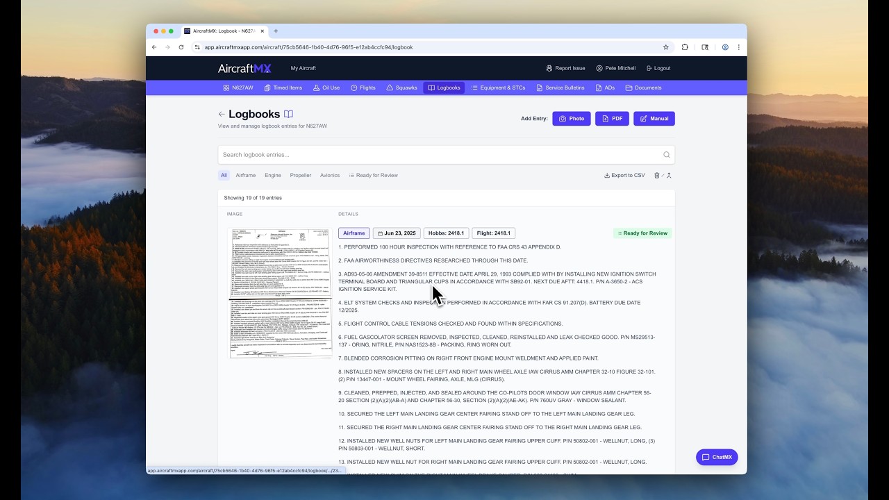 Review and verify logbook entries with AircraftMX