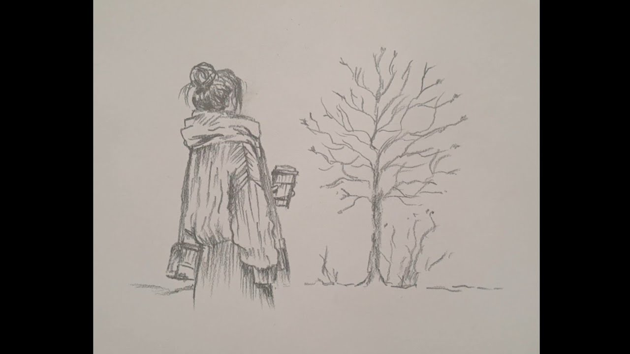 Cómo dibujar una mujer en otoño - dibujo de mujer tomando café en otoño - dibujo a lápiz