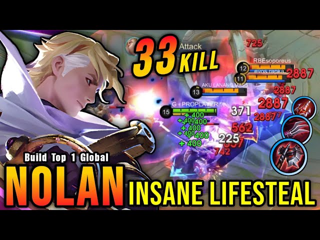 33 Kills!! OP Nolan with this Item (INSANE LIFESTEAL) - Build Top 1 Global Nolan ~ MLBB class=