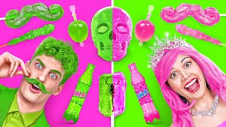 PINK VS GREEN FOOD CHALLENGE || Eating Only 1 Color Food For 24 Hours! Mukbang by 123 GO! CHALLENGE