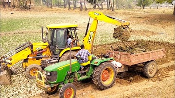 New Jcb 3dx Xtra Backhoe Machine Loading Mud In John Deere 5045 D Tractor For Making Pond | Jcb