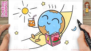 Earth Day Drawing Easy Step by Step for Kids How to Draw Earth Enjoying Summer Drink