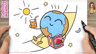 Earth Day Drawing, Easy Step by Step for Kids | How to Draw Earth Enjoying Summer Drink