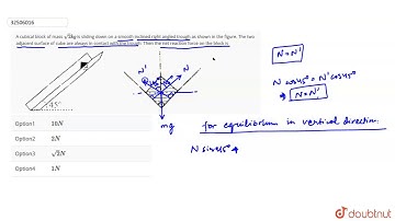 A cubical block of mass `sqrt2 kg` is sliding down on a smooth inclined right angled trough as