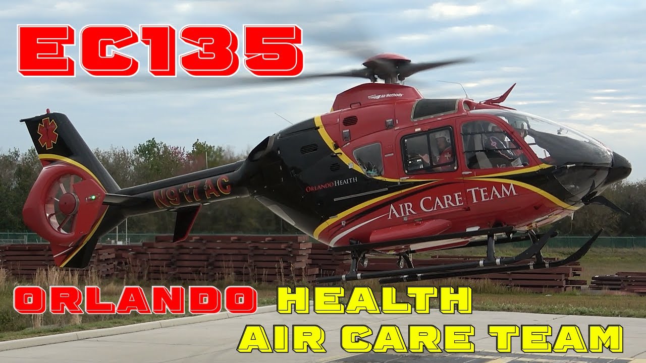 Orlando Health Air Care Team EC135 rescue helicopter engine start, takeoff and landing N917AC