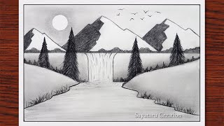 How To Draw Waterfall Scenery With Pencil Step By Step