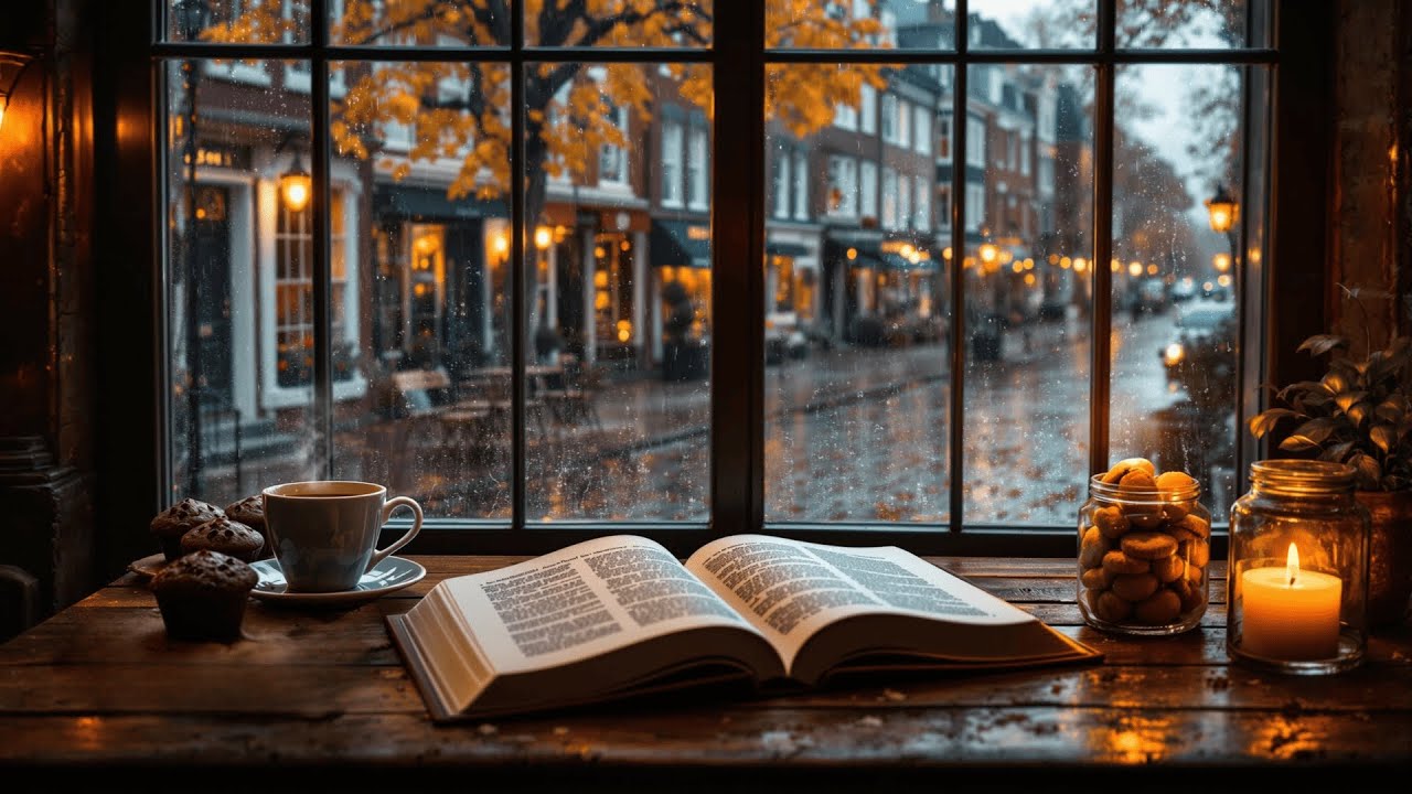 Rainy Autumn Day at Cozy Coffee Shop Corner Ambience with Jazz Relaxing ...