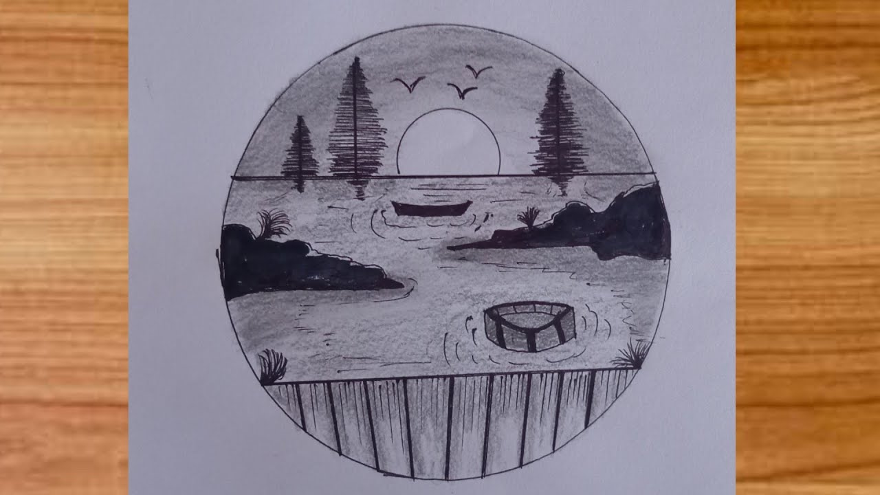 Peaceful River Landscape Drawing | Simple Pencil Sketch Scenery Art