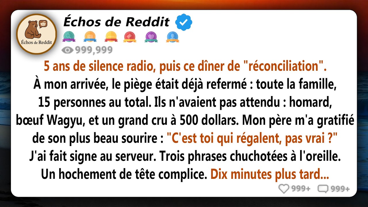 Ma famille m’a invitée à dîner pour “faire la paix” après cinq ans de silence. J’étais la seule à ne pas savoir que quinze personnes m’attendaient pour fêter mon retour… sur mon compte. Mon père a...