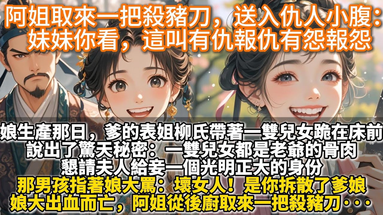 完結復仇爽文：阿姐取來一把殺豬刀，送入仇人小腹：妹妹你看，這叫有仇報仇有怨報怨。娘生產那日，爹的表姐柳氏帶著一雙兒女跪在了床前，說出了驚天秘密：一雙兒女都是老爺的骨肉，懇請夫人給妾一個光明正大的身份