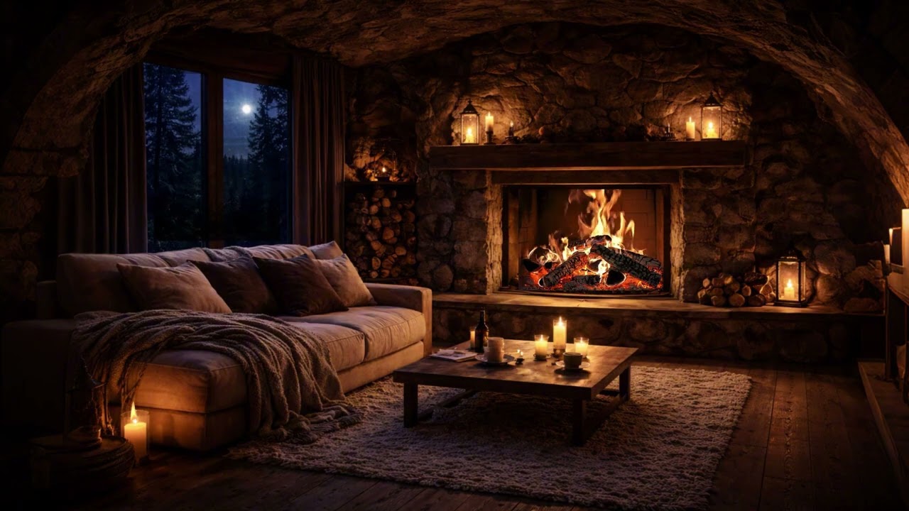 Relaxing Fireplace Ambience | Cozy Stone Cabin, Candles & Crackling Fire Sounds