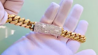 💎 12.60ct Men’s Cuban Link ID Bracelet | Princess Cut Invisible Set Diamonds | 14K Gold