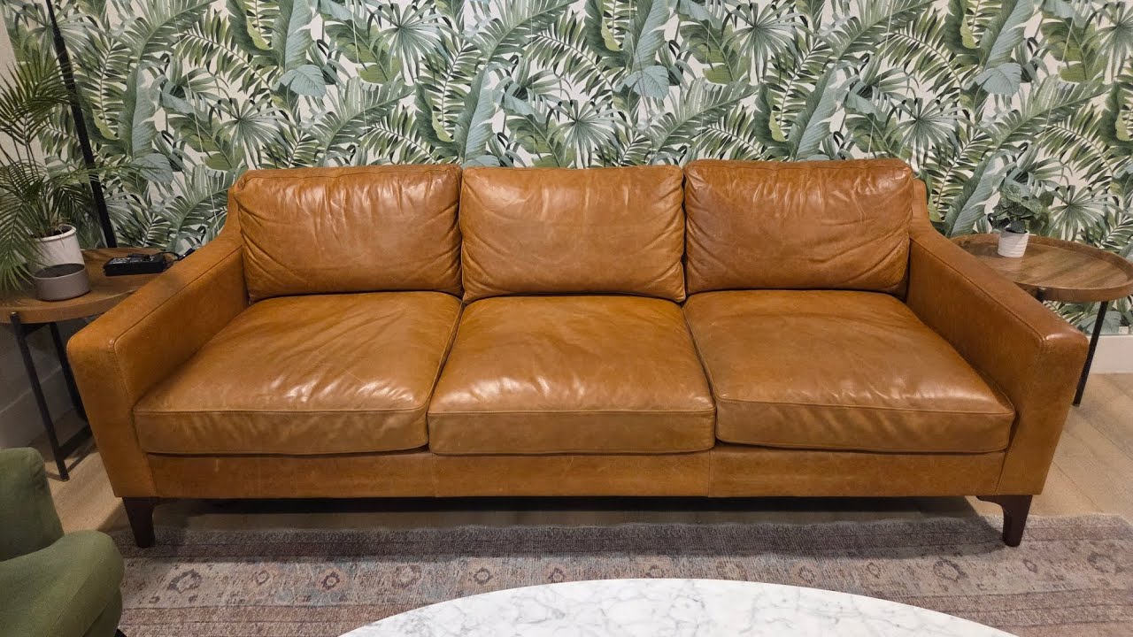 Poly & Bark Sorrento 86" Sofa Cognac Tan Full-Grain Italian Leather, Feather-Down |QUICK OVERVIEW|