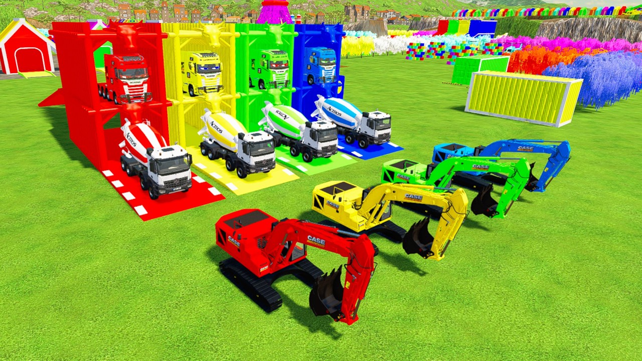 Colorful trucks -  COLORFUL MERCEDES MIXER TRUCK TRUCK, EXCAVATOR TRANSPORTING TO GARAGE WITH TRUCKS