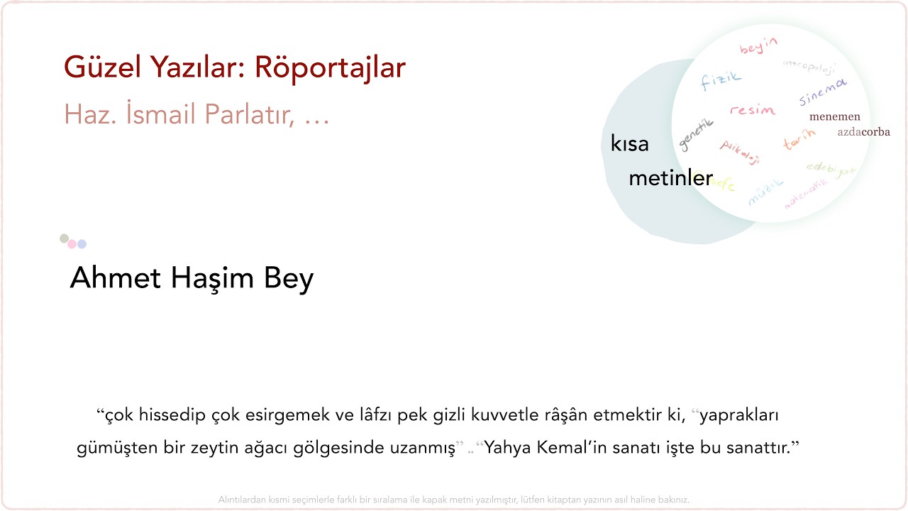 kısa metinler: Ahmet Haşim Bey | Güzel Yazılar: Röportajlar - haz. İsmail Parlatır, …