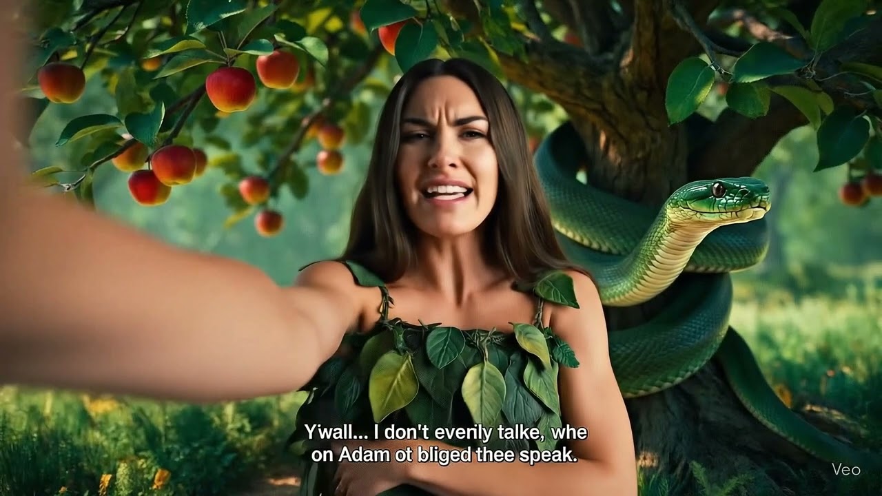 Eve and Adam Get Kicked out the Garden of Eden, Created with Google Veo3.