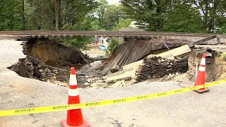 MBTA Commuter Rail tracks undercut by flooding in Leominster, Mass.