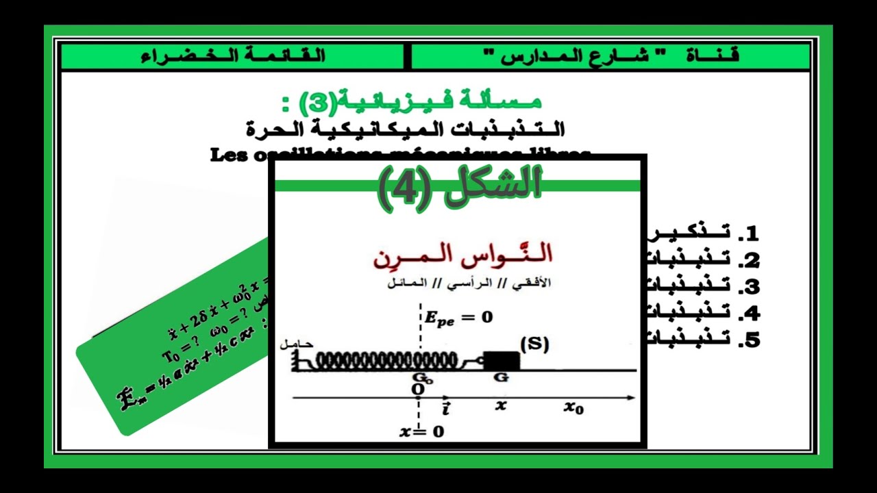 مسألة فيزيائية(3)  :  التذبذبات الميكانيكية الحرة //  النواس المرن Pendule élastique