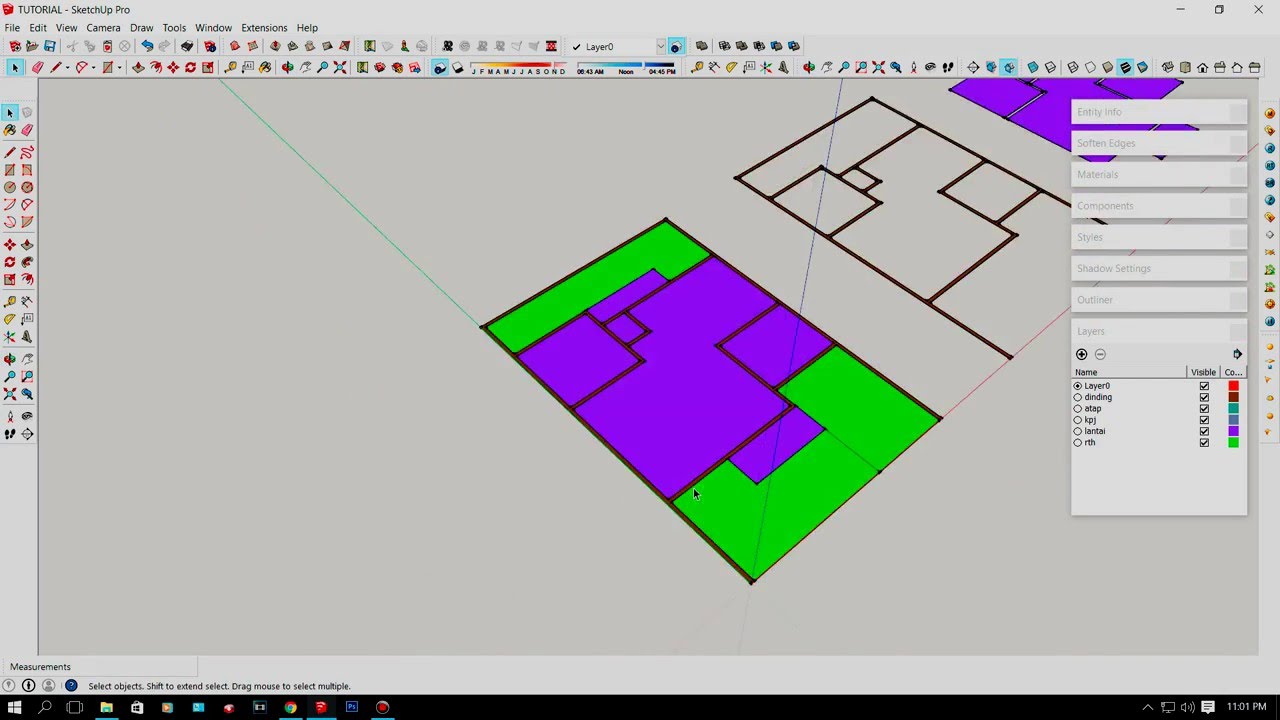 Gambar tutorial cara membuat 3D dan memberikan material pada bangunan di SketchUP