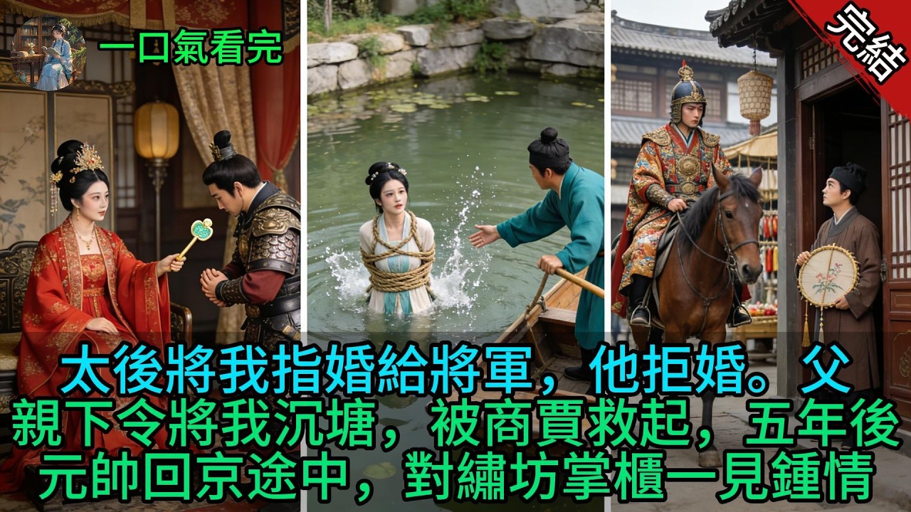 【原創小說已完結】太後將我指婚給將軍，他拒婚。父親下令將我沉塘，被商賈救起，五年後，元帥回京途中，對繡坊掌櫃一見鍾情