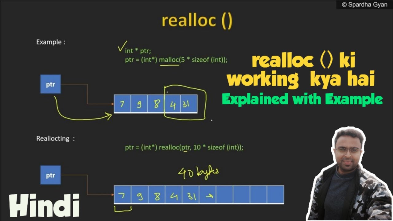 realloc hindi | realloc in c | realloc lecture | realloc with example ...