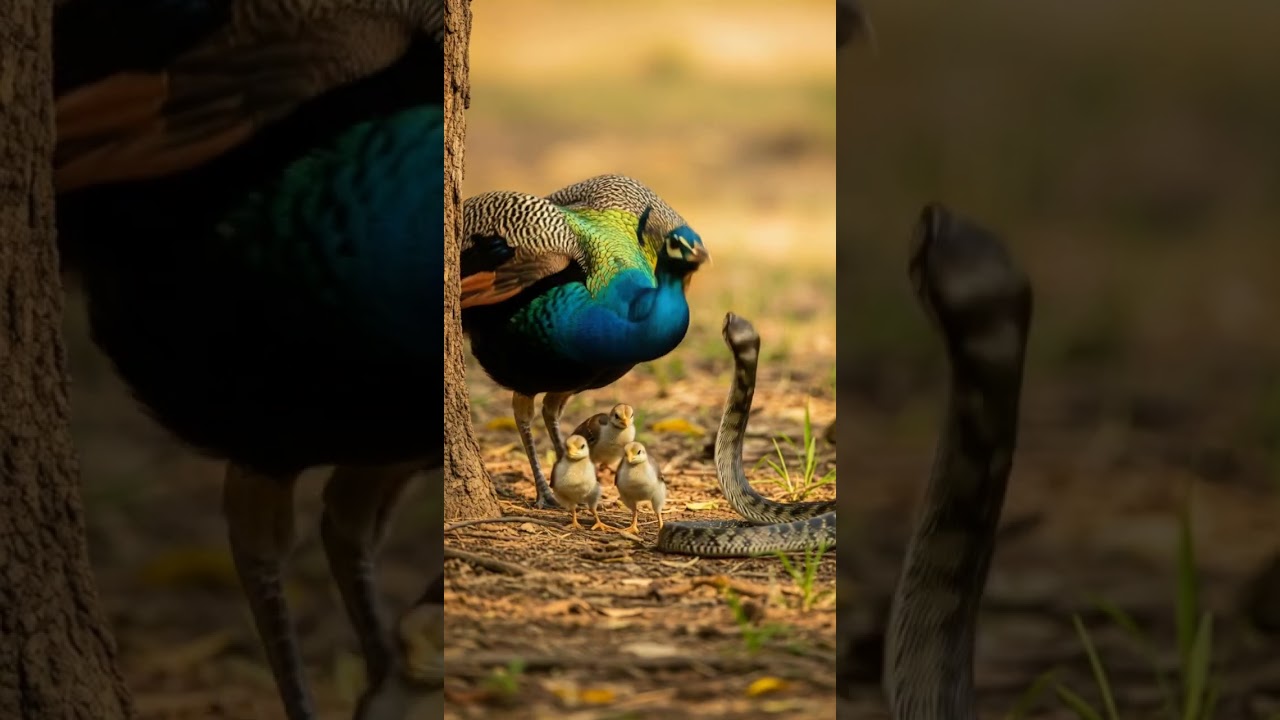 Mother peacock Protects Her Chicks from a Fierce Predator Attack 