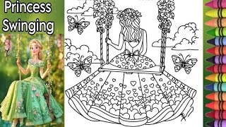 How To Colour The Princess Swinging step by step for kids/coloring page/princess coloring book