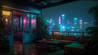 Cyber Rainy Night at a Neon Rooftop Bar | Rain, Distant Thunder & City Echoes (10 Hours)