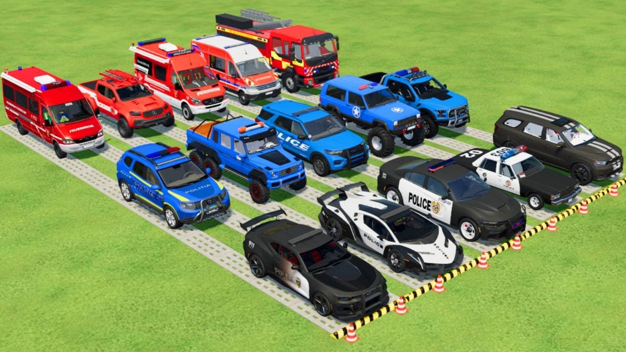 TRANSPORTING ALL POLICE CARS, AMBULANCE, FIRE TRUCK, COLORFUL CARS WITH TRUCK! -FARMING SIMULATOR 22