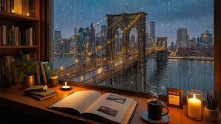 Rainy NYC Night 🌧️ Soft Jazz Piano & Cozy Window View of Brooklyn Bridge for Focus & Sleep screenshot 1
