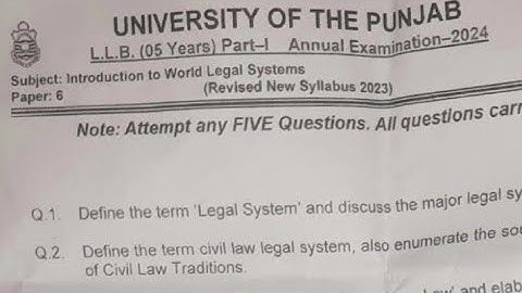 Introduction to World Legal System annual exam paper 2024 LLB part 1 Punjab University Lahore