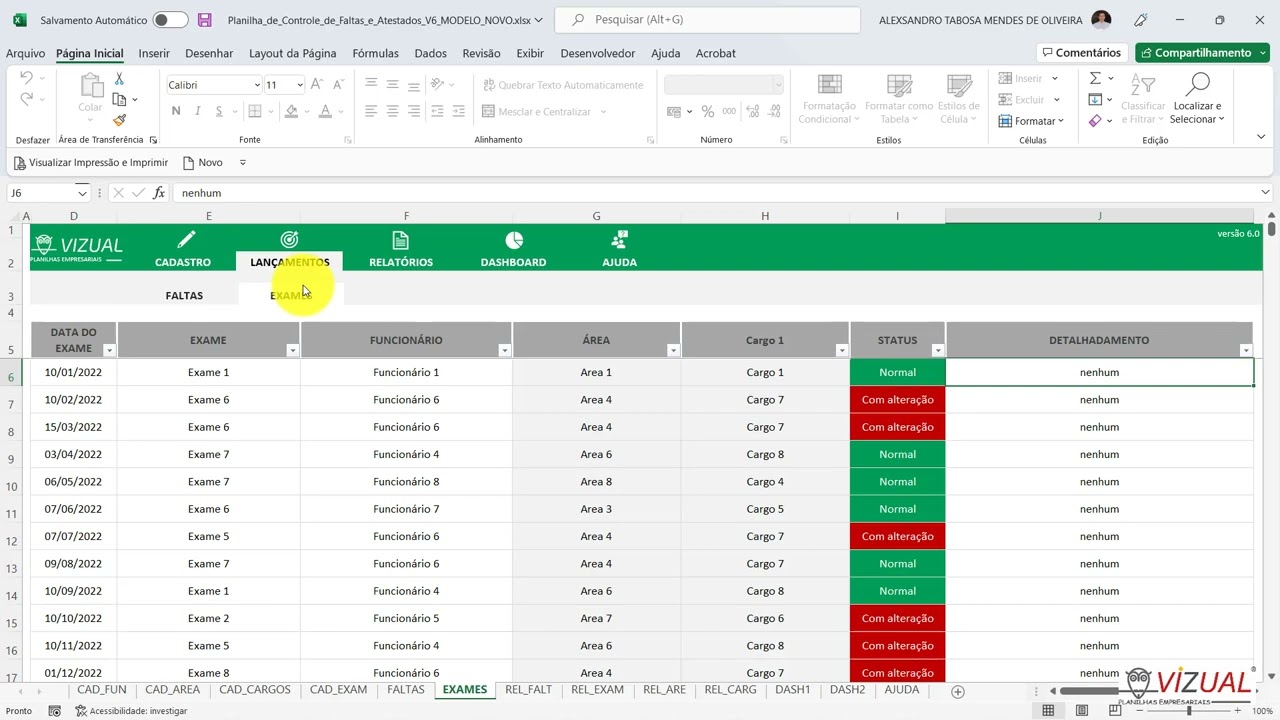 Planilha de Controle de Faltas e Atestados em Excel 6.0