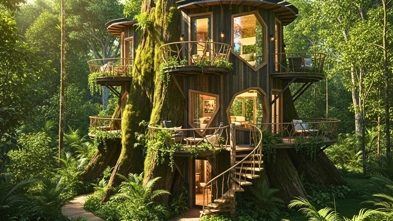 Luxury Vertical Tiny Home Hidden Inside a Giant Tree Stump  Jungle Survival Build