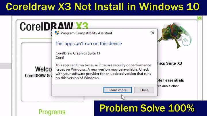 this app can't run because it causes security or performance issues on windows.Coreldraw x3 error