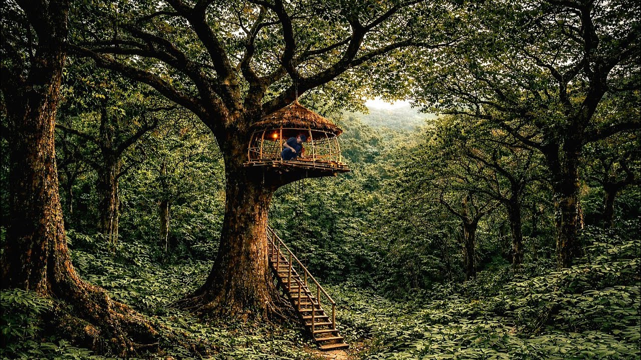 I Built a Survival Tree Shelter Alone Using Primitive Tools