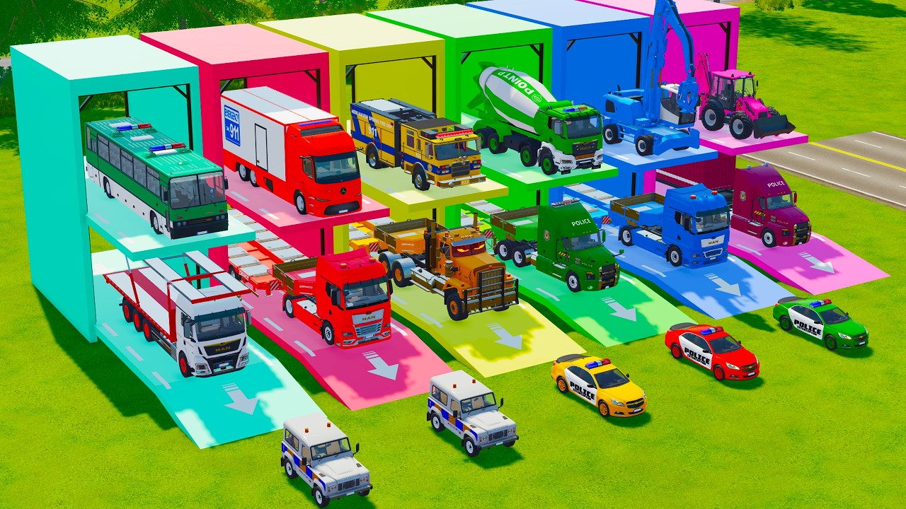 TRANSPORTING FIRE ENGINE, POLICE VEHICLES, EXCAVATOR, MIXER TRUCK, BACKHOE LOADER TO GARAGE - FS22
