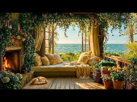 Soft Seaside Morning 🌊 Ocean Waves, Coastal Birds & Cozy Fire for Deep Calm