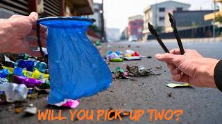 Picking up trash and giving away gifts!