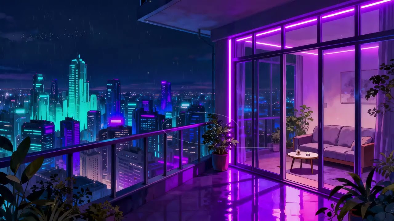 Late Night Neon Balcony 🌧️ Lofi Rain & Urban Serenity | 4K