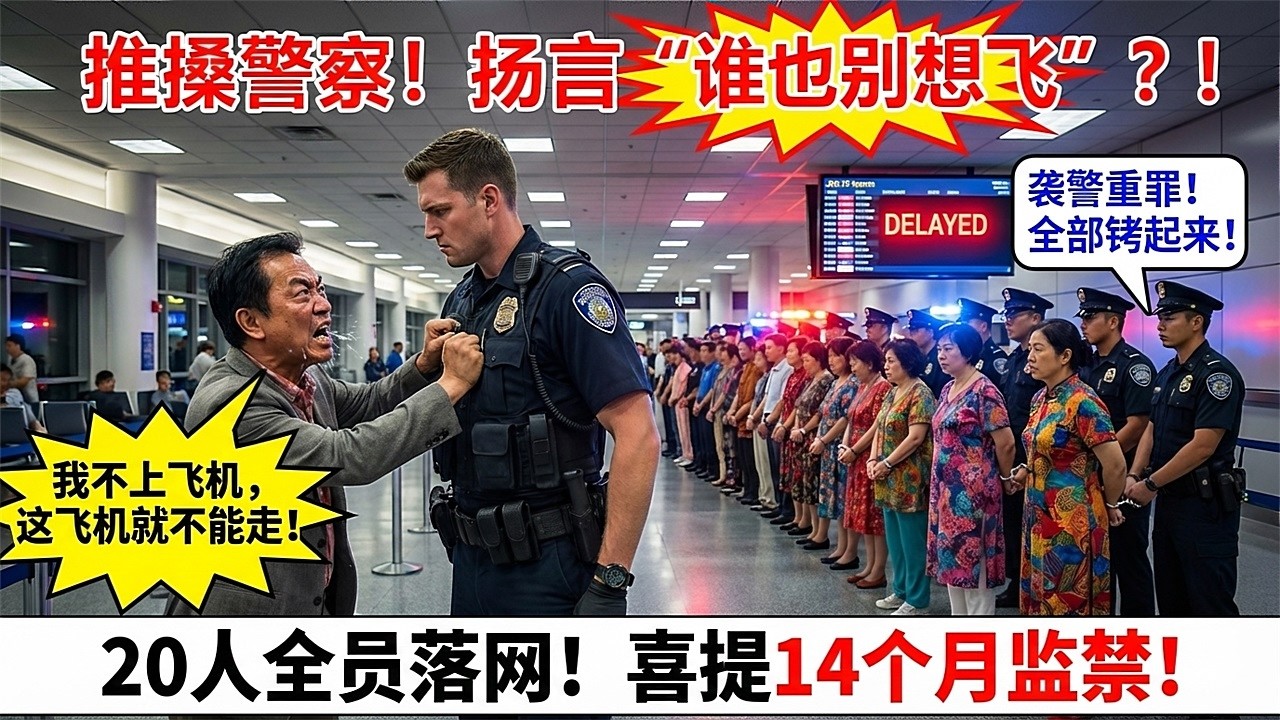 谁也别飞！”华人大叔带20人堵死纽约登机口，推搡警官致全员被铐，喜提14个月监禁！