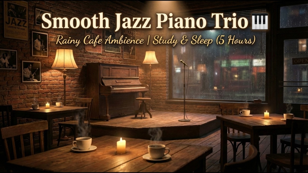 Smooth Jazz Piano Trio 🎹 Rainy Cafe Ambience | Study & Sleep (5 Hours)