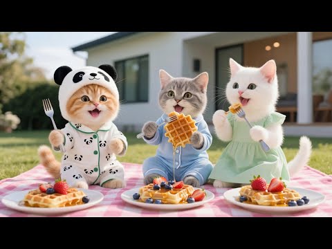 Mama Cat Makes Honey Fruit Waffles to Welcome Gingerβs Friends π§ππ―πΎ | Funny Cat Videos