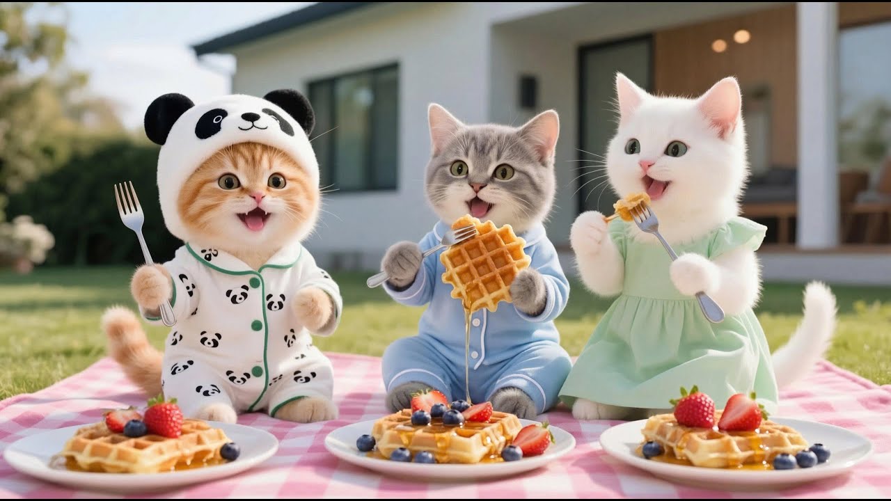 Mama Cat Makes Honey Fruit Waffles to Welcome Ginger’s Friends 🧇🍓🍯🐾 | Funny Cat Videos
