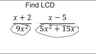 Algebra Help: Find LCD: Least Common Denominator: (x+2)/(9x^2 )  ;  (x-5)/(5x^2+15x) - Step-by-step