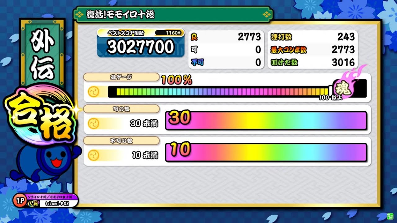 【太鼓の達人ニジイロver.】段位道場「外伝」 復活!モモイロ十段 全良/虹枠金合格