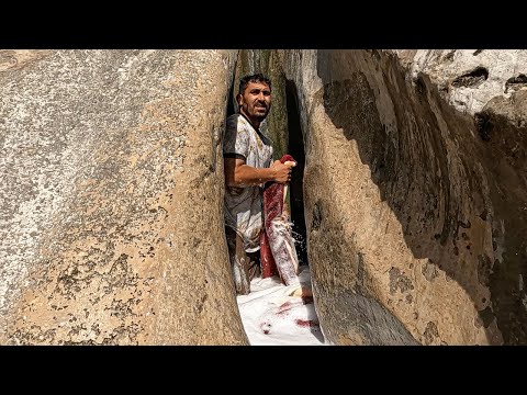 Washing the heavy Blankets by small Village family