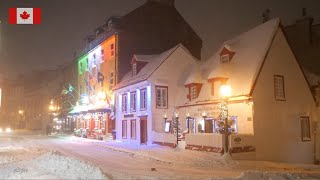 4K🇨🇦 ❄️ Winter Night Snow Walk 🎄Canada Christmas Lights Old Quebec Grande Allée ☃️